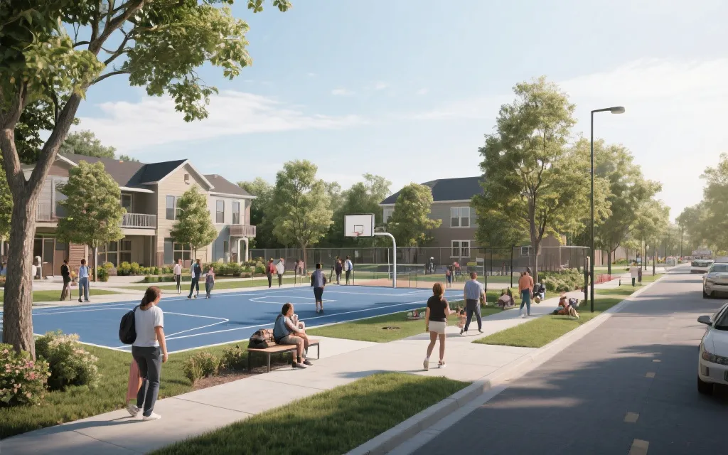 比赛后焕新的社区街区：步行道、绿化与公共运动空间，人们日常使用的场景