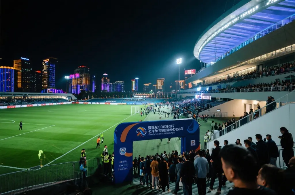 夜幕下的现代足球场与观众席，体现多时区赛事氛围